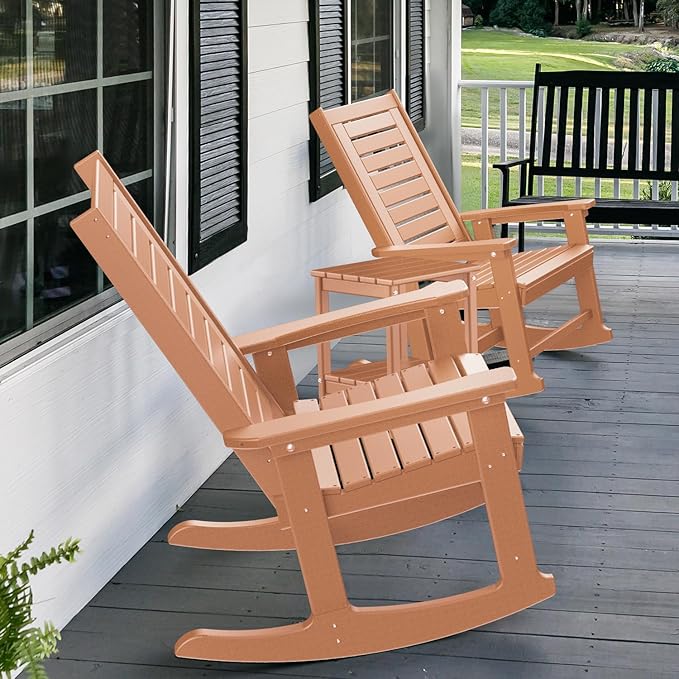 GREENVINES Outdoor Rocking Chairs | Set of 4 | Porch Rocker | HDPE Plastic | Teak | Oversized Rockers | High Back | Big & Tall | Ladder Back | for Patio Outside Backyard Balcony Garden