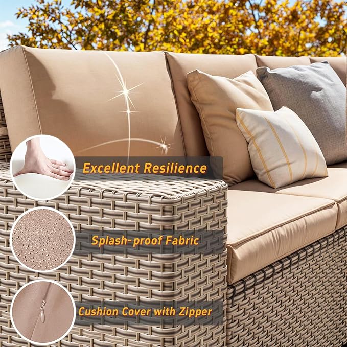 10 Pieces Patio Furniture Set with Fire Pit Table, Outdoor Sectional Wicker Sofa with Thick Cushions, High Back Swivel Rocker Patio Chairs, Rattan Conversation Set with Coffee Table, Khaki