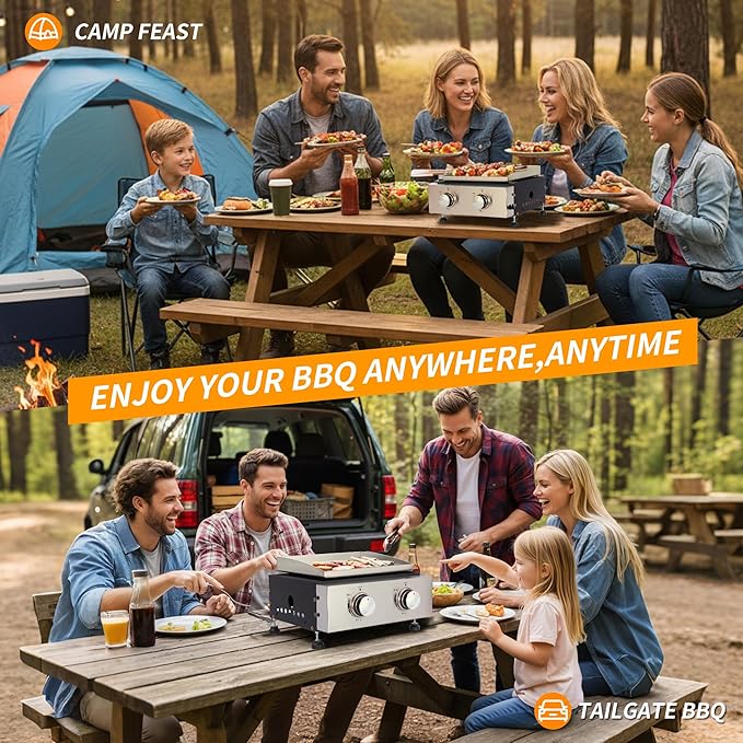 Outdoor Table top Propane Griddle with Detachable Top | Ultimate Portable Outdoor Cooking Station | Includes Stainless Steel Warming Rack for Camping, Tailgating & BBQs (2 burner)