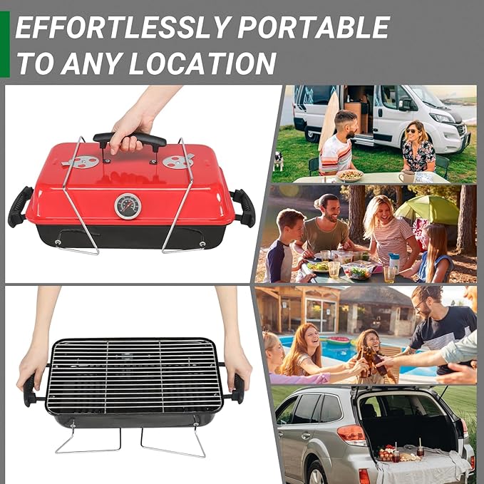 VINGLI 20'' Portable Charcoal Grill with Thermometer & Handle, Metal Compact Tabletop BBQ Grill, Outdoor Cooking Barbecue for Camping Travel Picnic Patio