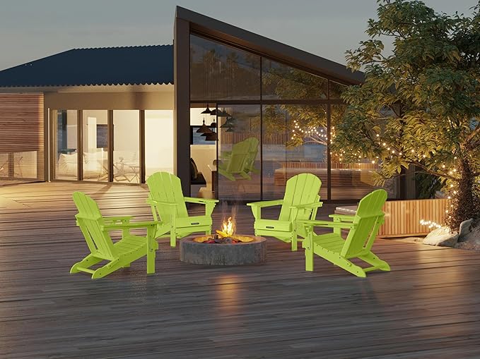 MUCHENGHY Folding Adirondack Chairs, Patio Chairs, Lawn Chairs, Outdoor Chair, Adirondack Chair Plastic, Fire Pit, Weather Resistant with Cup Holder for Deck, Backyard, Garden(Lemon Green)
