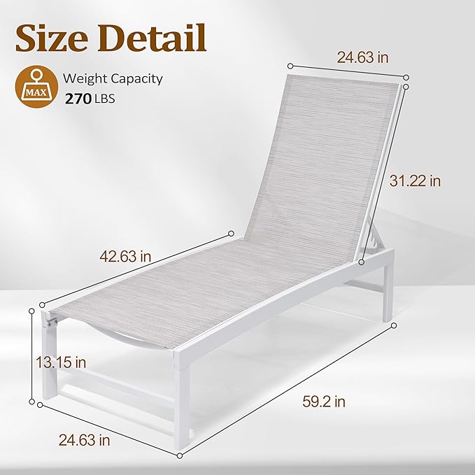 Chaise Lounge Chair, Set of 8 Outdoor Recliner Lounge Chair Sun Loungers, All Weather Chaise with 5 Adjustable Backrest and Lay Flat Positions for Garden, Balcony, Pool, White and Beige