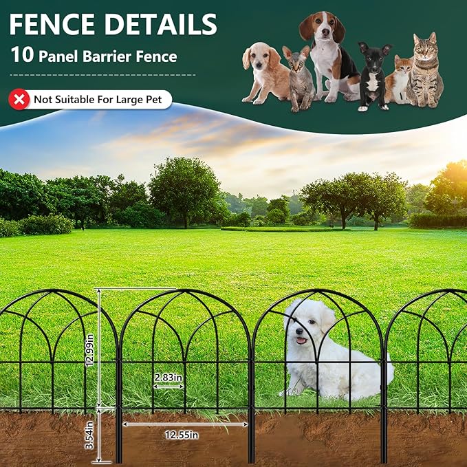 Small Garden Fence Animal Barrier, 12.55"*16.53" Decorative Fence Panel, No Dig Fences Barrier, Arch 10 Pcs Black Metal Fencing, Garden Border Edging Fences, Dog Fencing Blocker for Yard, Flower Bed