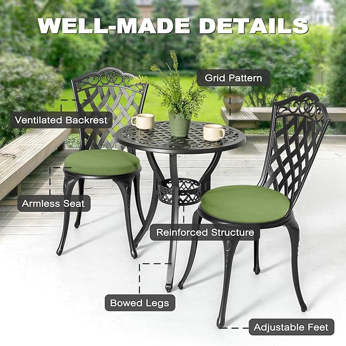 NUU GARDEN 3-Piece Patio Bistro Set Outdoor Cast Aluminum Bistro Table and Chairs Set of 2, Outdoor Patio Bistro Set with Umbrella Hole and Green Cushions for Porch, Garden, Black