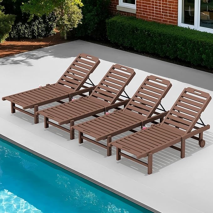 SERWALL Patio Chaise Lounge Set of 4, HDPE Outdoor Lounge Chair with Cup Holder, 5 Positions Adjustable Poly Lounge Chair with Rolling Wheels for Poolside, Deck, Sunbathing, Brown
