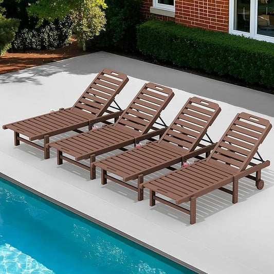 SERWALL Patio Chaise Lounge Set of 4, HDPE Outdoor Lounge Chair with Cup Holder, 5 Positions Adjustable Poly Lounge Chair with Rolling Wheels for Poolside, Deck, Sunbathing, Brown
