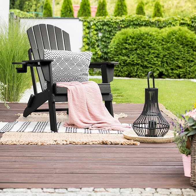 FUNBERRY Folding Adirondack Chair, HDPE All Weather Fire Pit Chairs with Cup Holder for Outdoor