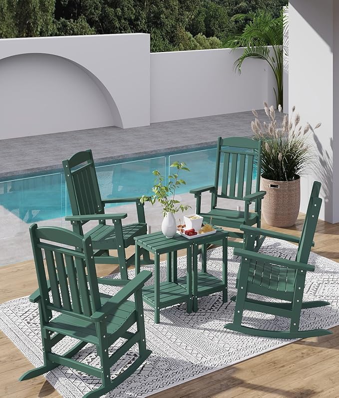 FOOWIN Outdoor Rocking Chair Set of 4, High Back Patio Rocking Chair, HDPE All Weather Resistant Porch Rocker for Adult, Oversized Rocking Chairs for Garden, Lawn, Indoor & Outdoor Use, Dark Green