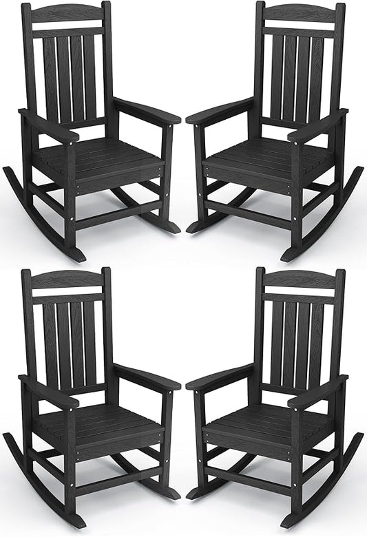 KINGYES Outdoor Rocking Chair Set of 4, High Density Polyethylene Patio Rocking Chairs with 330lbs Support for Adults, Black
