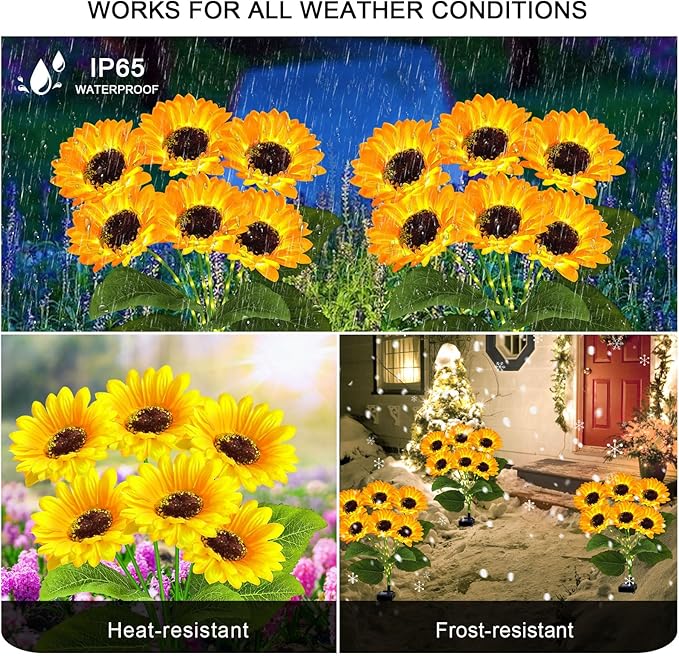 Solar Sunflower Lights 2 Pack with 12 Outdoor Decorative Lights for Garden Gift for Mom and Friends, IP65 Waterproof Sunflower Garden Stake Lights for Yard Patio Lawn Pathway (Warm White)