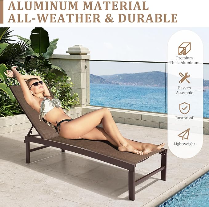 Patio Aluminum Chaise Lounge Chair, Outdoor Recliner Lounge Chair Sun Loungers, All Weather Chaise with 5 Adjustable Backrest and Lay Flat Positions for Garden, Balcony, Pool