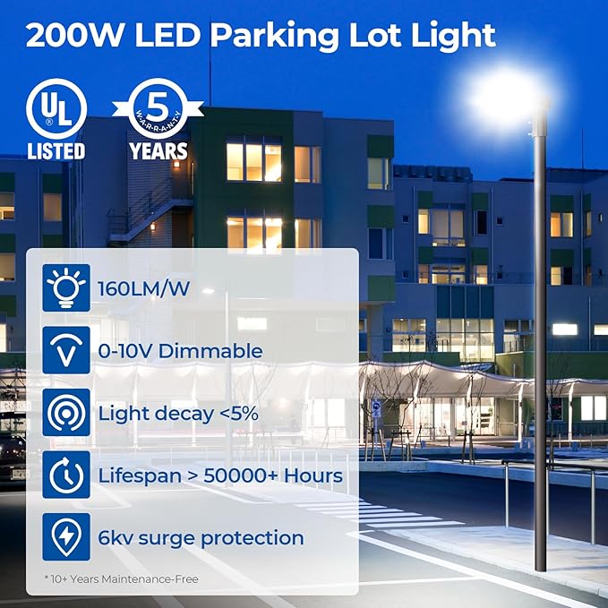 CINOTON LED Parking Lot Light - 32000LM 200W UL Listed - 0-10V Dim Dusk to Dawn - IP65 Adjustable Slipfitter Mount Outdoor Security Lighting for Driveways Roadways Stadium, 5000K, 100-277V, 3 Pack