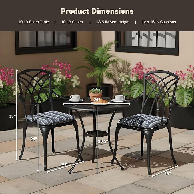 3 Piece Patio Bistro Set, Cast Aluminum Dining Table Set, All Weather Outdoor Round Metal Table with Umbrella Hole and Chairs Set of 2 with Cushion for Outside Garden, Black