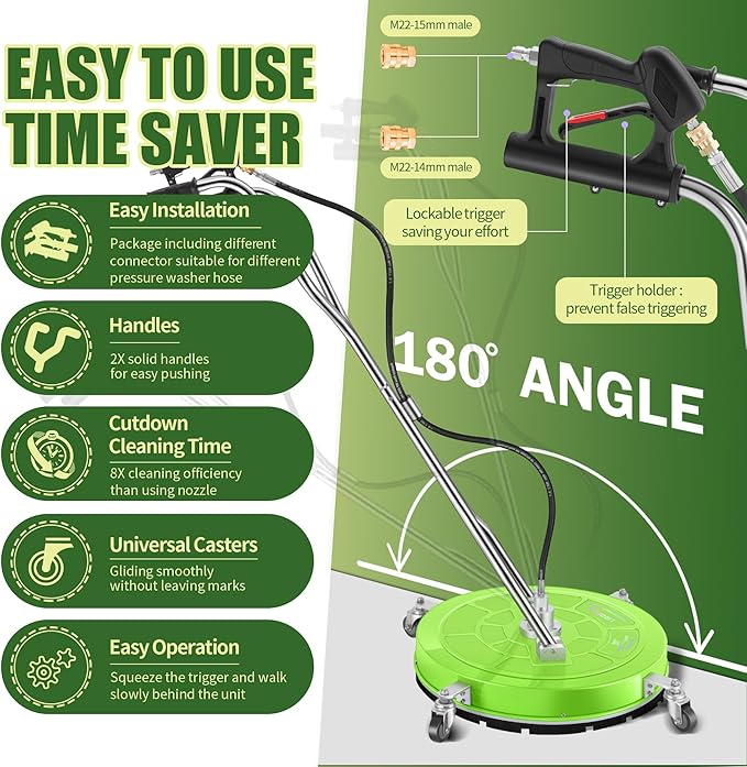 30" Pressure Washer Surface Cleaner with 4 Wheels - Coated Green Dual Handle Stainless Steel Surface Cleaner for Pressure Washer Attachment for Concrete, Patio, Sidewalk, Deck and Driveways - PWS30G
