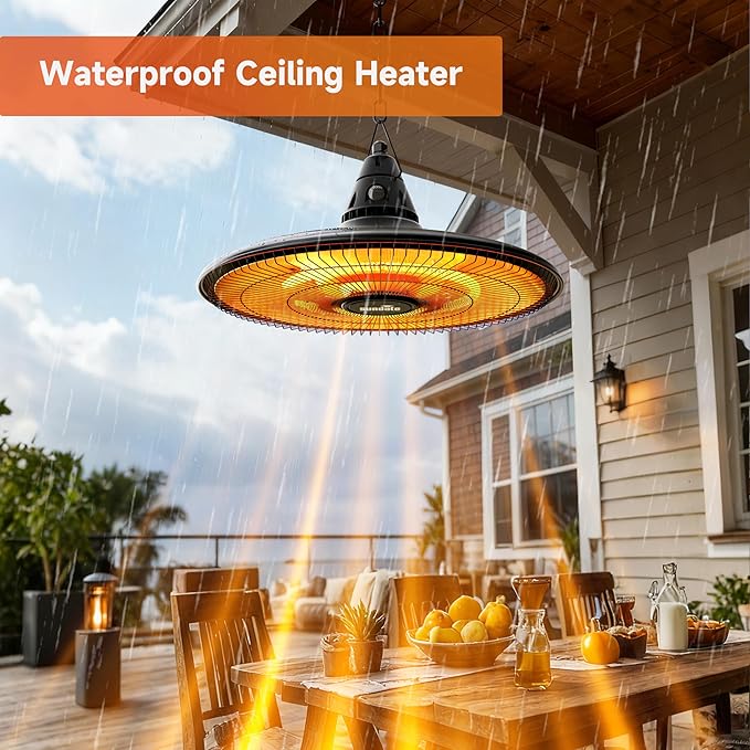 Ceiling Electric Outdoor Heater Wall-Mounted Hanging Patio 1500W Infrared Carbon Fiber Tube Heating Wall Heater for Gazebo, Balcony (Black - Circular Heating)
