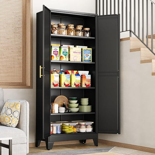 Black Pantry Storage Cabinet,71" Kitchen Pantry with Doors and 4 Adjustable Shelves, Metal Storage Cabinet, for Office, Home, Garage, School
