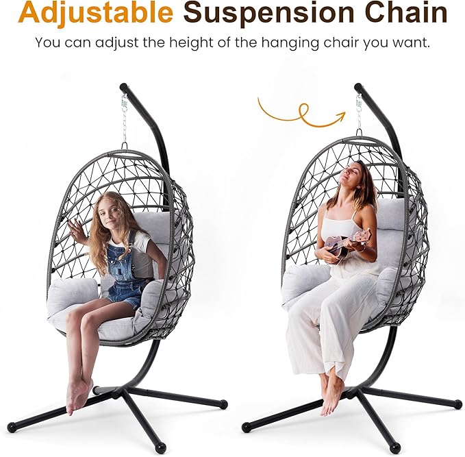 Hanging Egg Chair, Swing Chair with Stand, Hammock Chair Indoor, Patio Boho Wicker 350lbs Capacity, Swing Chair for Bedroom Garden, Balcony, Black & Gray