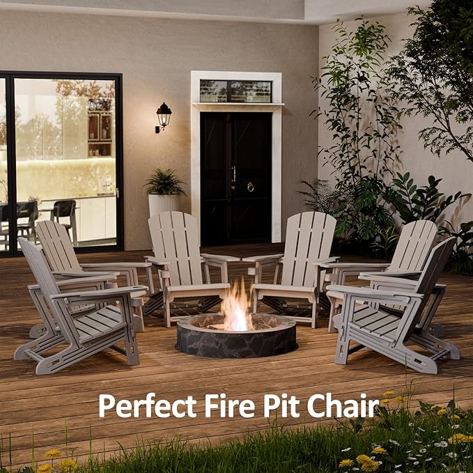 FONTOI Adirondack Chairs Set of 4,Adirondack Chair with Cup Holders,Wooden Textured Plastic Fire Pit Chair,All-Weather Outdoor Patio Chairs for Lawn,Backyard Deck, Porch,400LBS Heavy-Duty，Gray