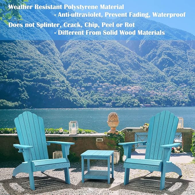 hOmeHua Oversized Adirondack Chair, HIPS Adirondack Chairs Weather Resistant with Cup Holder, Plastic Outdoor Chair for Patio, Backyard Deck, Fire Pit Lawn Porch (Lake Blue)