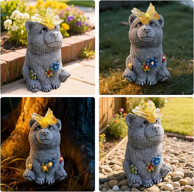Adorable Baby Bear Garden Statue with Solar Butterfly Light - Cute Bear Cub Figurine with Flower Accents - Outdoor Decor for Patio Lawn - Christmas Housewarming Birthday Gifts for Grandma Mom Women