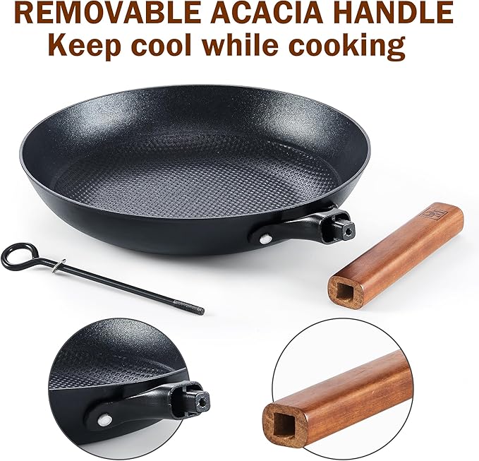 DM Cast Iron Skillet, 12 Inch Nonstick Frying Pan with Detachable Acacia Wooden Handle, Honeycomb Non stick Omelet Egg Pan, Easy Clean Oven Safe Pans for Cooking