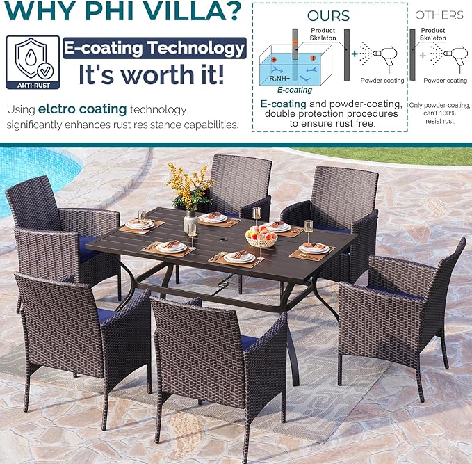 PHI VILLA 7 Piece Outdoor Dining Set with Umbrella, 60” Rectangular Metal Dining Table & 6 Cushioned Rattan Wicker Chairs & 13ft Large Beige Umbrella for Patio, Deck, Yard, Porch