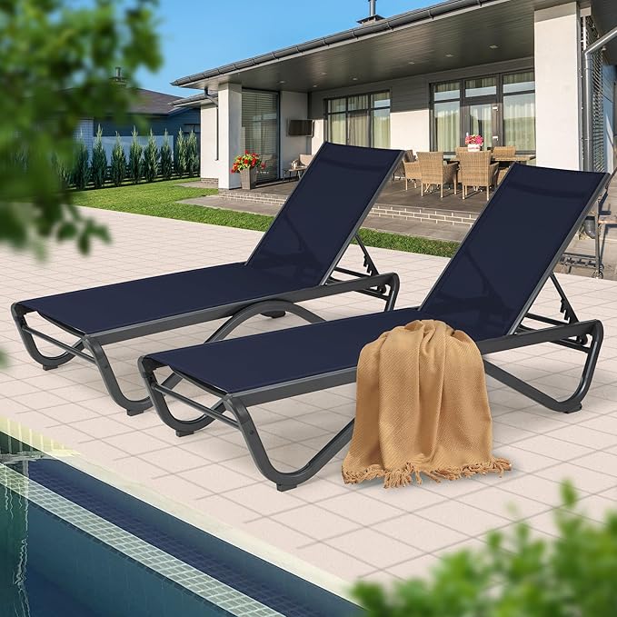 Kozyard 2Pack Patio Chaise Lounge Chair Full Flat Alumium Outdoor Reclining Adjustable Chair Flat Pool Chaise Chair for Sunbathing, Poolside (2NavyBlue Textilene W/O Table)