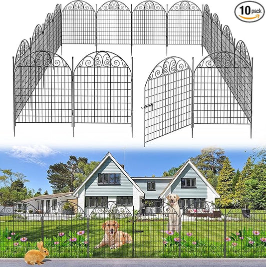10 Panels Decorative Garden Fence with Gate for Yard, 36 in(H) X 24ft(L) No Dig Dogs Fence Outdoor Animal Barrier Fencing, Rustproof Metal Wire Patio Temporary Fences for Dogs Rabbits