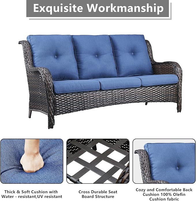 Rilyson Wicker Patio Furniture Set - 6 Piece Rattan Outdoor Sectional Conversation Sets with 1 Sofa,1 Loveseat,2 Armrest Chairs and 2 Ottomans for Porch Deck Garden(Brown/Blue)