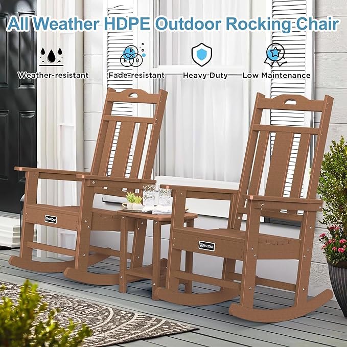 nalone Outdoor Rocking Chair, Oversized Porch Rocker Chair for Adult, All-Weather Resistant Patio Rocking Chair for Garden Lawn (Teak)