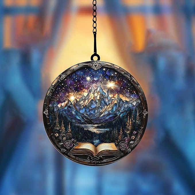 Fantasy Book Christmas Ornament Bookish Acrylic Suncatcher with Mountain Scenery Stained Glass Effect Window Hanging for Book Lover Reading Nook Decor Gift for Librarian Readers