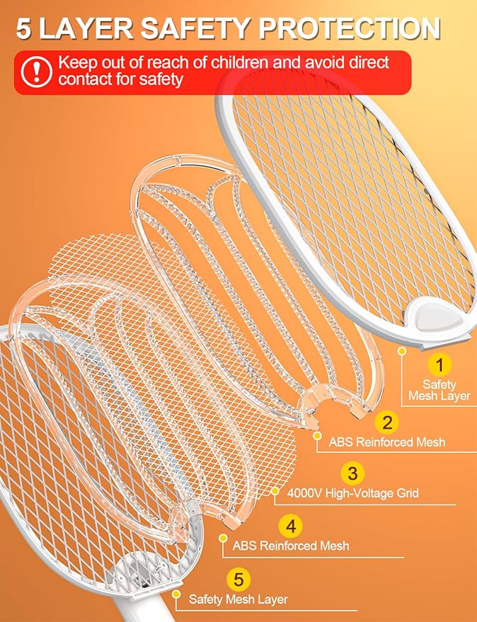Electric Fly Swatter 4000V Bug Zapper Racket Foldable with Blue Light Dual Mode 1800mAh Rechargeable Battery 5-Layer Safety Mesh for Indoor & Outdoor