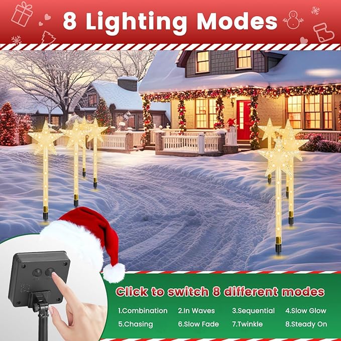 8 Pcs Christmas Solar Stake Light, Decorative IP64 Waterproof 64LED Beads Star-Shaped Pathway Lights with 8 Lighting Modes Xmas Decoration for Outdoor Garden Patio Yard Porch Driveway
