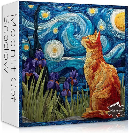 Cat Puzzles for Adults 1000 Pieces, PICKFORU Starry Night Animal Kitten Puzzle, Van Gogh Plant Flower Kitty Challenge Jigsaw Puzzle Scenic