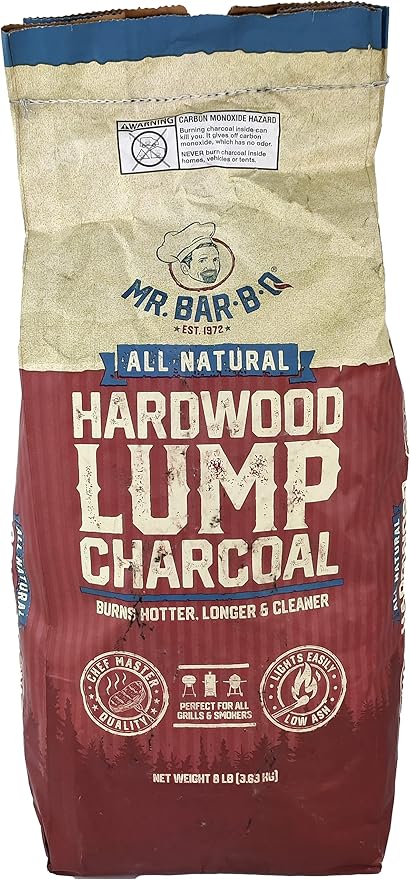 8 LB. All Natural Hardwood Lump Charcoal by Mr. Bar-B-Q - Premium Natural Charcoal for Grilling, BBQ, Smoking, Kamado & Kettle Grills - Burns Hotter & Longer - Smoky Flavor, Low Ash & Easy to Light