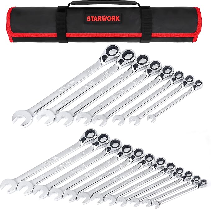 STARWORK TRUE MECHANIC™ 20 Pc. Reversible Ratcheting Combination Wrench Set, Non-Slip, Long Pattern, SAE, Metric, Professional, With Portable Roll-Up Pouch Bag…
