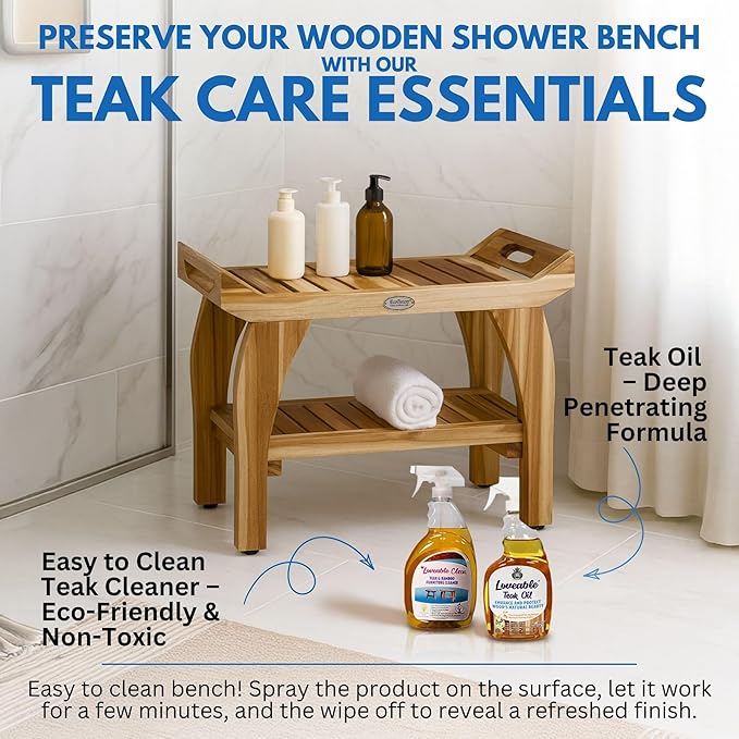 EcoDecors 30 Inch Tranquility Natural Color Waterproof Teak Wood Shower Bench Stool Seat Chair For Inside Shower Storage Shelf Provides Safety, Storage, and Organization For Bathroom Accessories