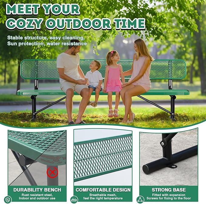 8Ft Outdoor Bench with Back Portable Frame, Outdoor Steel Park Bench with Backrest, Expanded Metal Mesh Bench for Outside, Lawn, Backyard, Park, Deck, Garden, Patio, Porch, Green