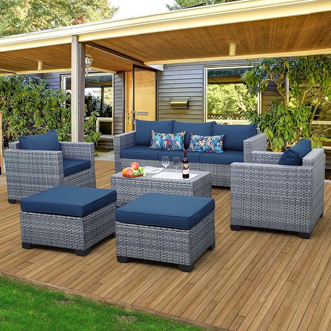 6 Pieces Wicker Patio Furniture Sets Outdoor Conversation Set PE Rattan Sectional Sofa Couch with Storage Table and Royal Blue Cushions