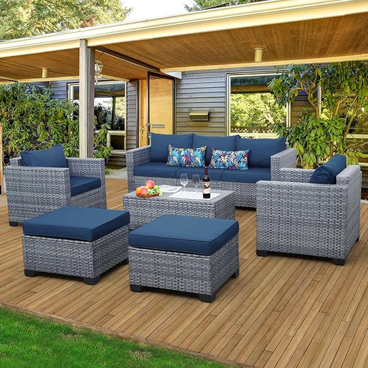 6 Pieces Wicker Patio Furniture Sets Outdoor Conversation Set PE Rattan Sectional Sofa Couch with Storage Table and Royal Blue Cushions