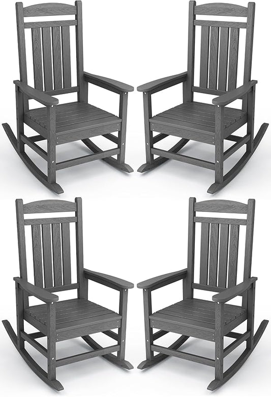 KINGYES HDPE Patio Rocking Chair Set of 4, Outdoor Rocking Chairs Porch Rocker for Adults, Grey