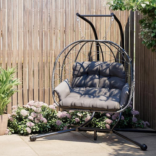 Pamapic 700 LBS Double Egg Chair Outdoor, UV Resistant Cushions Hanging Egg Chair with Armrests & Headrest, Thick Steel Frame Egg Swing Chair with Stand, for Relaxing & Reading Outside/Inside(Grey)