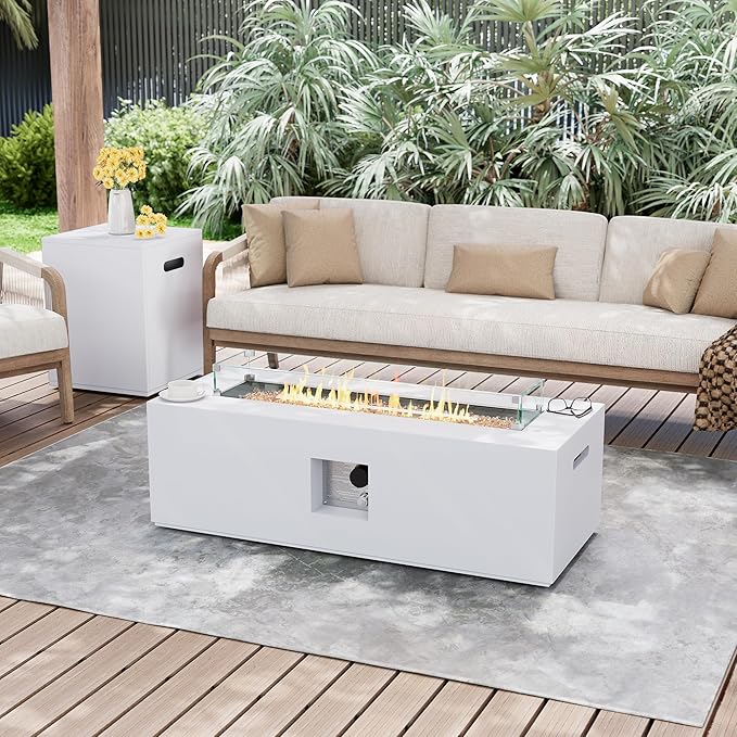 UPHA 42-inch Outdoor Propane Gas Fire Pit Table 50000 BTU Iron Rectangle Firepit for Outside Patio with Tank Hidden Table, Wind Guard, Removable Lid, Gold Glass Rocks, Rain Cover, White