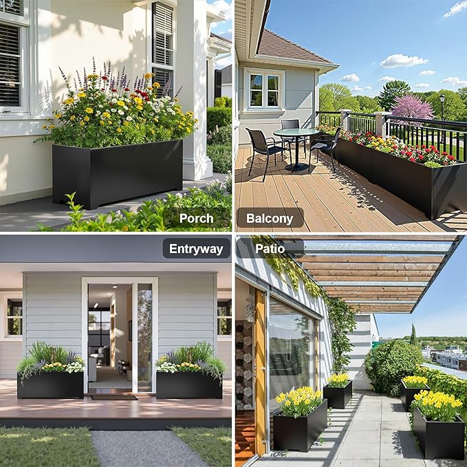 Metal Planter Box 36"L x 15"W x 15"H, Large Outdoor Rectangle Planters with 6 Drainage Holes & Raised Bottom, All-Weather Garden Planter Box for Patio, Lawn, Commercial & Residential, Black