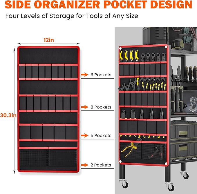 Ultrawall Power Tool Organizer Cart, 4-Tier Rolling Tool Storage Stand with Wheels, Garage Floor Tool Holder with Side Storage Pockets, Gift for Men