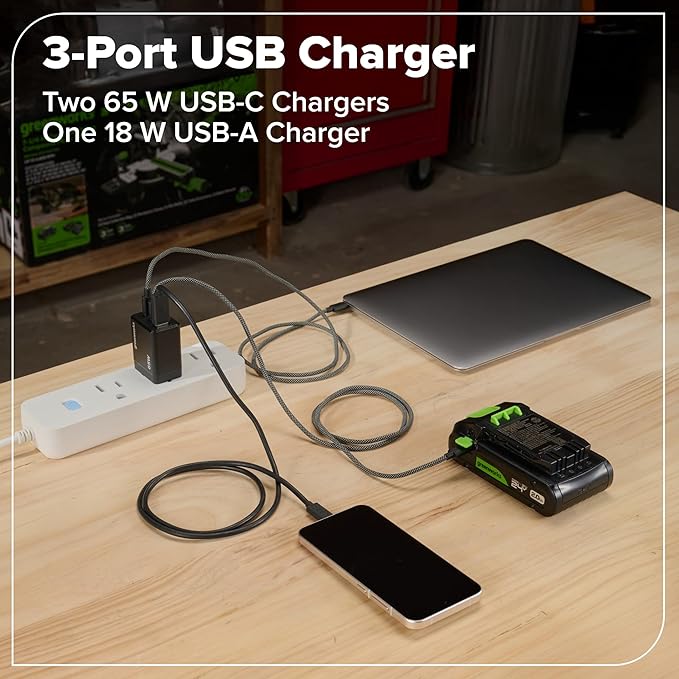 GREENWORKS 24V (4-TOOL) Combo (1/2” Drill + 1/4” Impact Driver + 6.5” Circular Saw + 200Lm Flashlight), 4.0Ah + 2.0Ah Batteries (24,000mAh Power Bank), (2) Braided Cables, 65W Rapid Charger