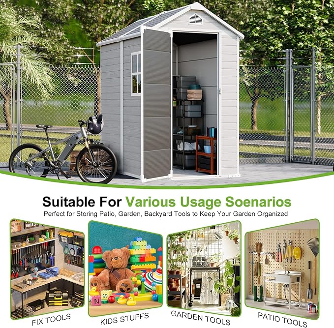 6X4 FT Resin Outdoor Storage Shed with Floor,Water Drainge Roof Plastic Sheds with Windows and Lockable Doors,Thickened Panel All-Weather Resistant Tool Storage Shed for Garden Backyard Patio, Grey