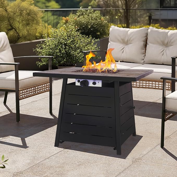 Afterglow Outdoor 32" Propane Fire Pit Table, 40000 BTU Firepit w LED Lighting, Weather Resistant Cover and Lava Rocks, Terra Fab Top and Steel Base for Outside Patio Backyard Garden