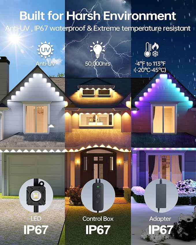 ASAHOM Permanent Outdoor Light Pro S108C, 150FT with 108 RGBCW 70lm LED, WLED Integration, AI Lighting, 30000 Lighting Effect Combination, IP67 Waterproof for Christmas New Year Daily Decor, Black