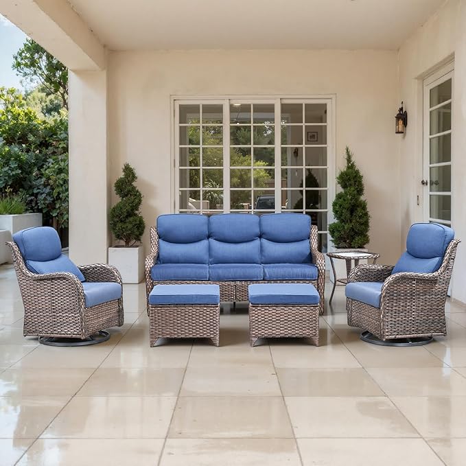 Outdoor Swivel Rocker Patio Chairs Set of 6 with Fire Table - 5" Thick Cushion 6 Piece Furniture Set with Fire Pit Table All Weather Wicker Conversation Set for Porch Deck Brown Wicker | Blue Cushions
